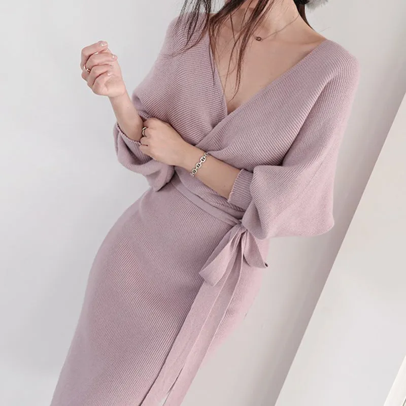 V-Neck Lace-Up Long-Sleeve Knitted Dress