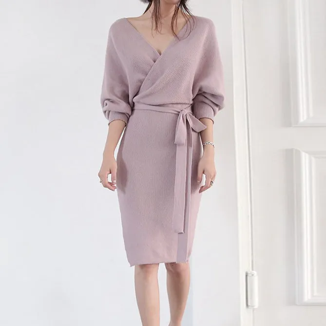 V-Neck Lace-Up Long-Sleeve Knitted Dress