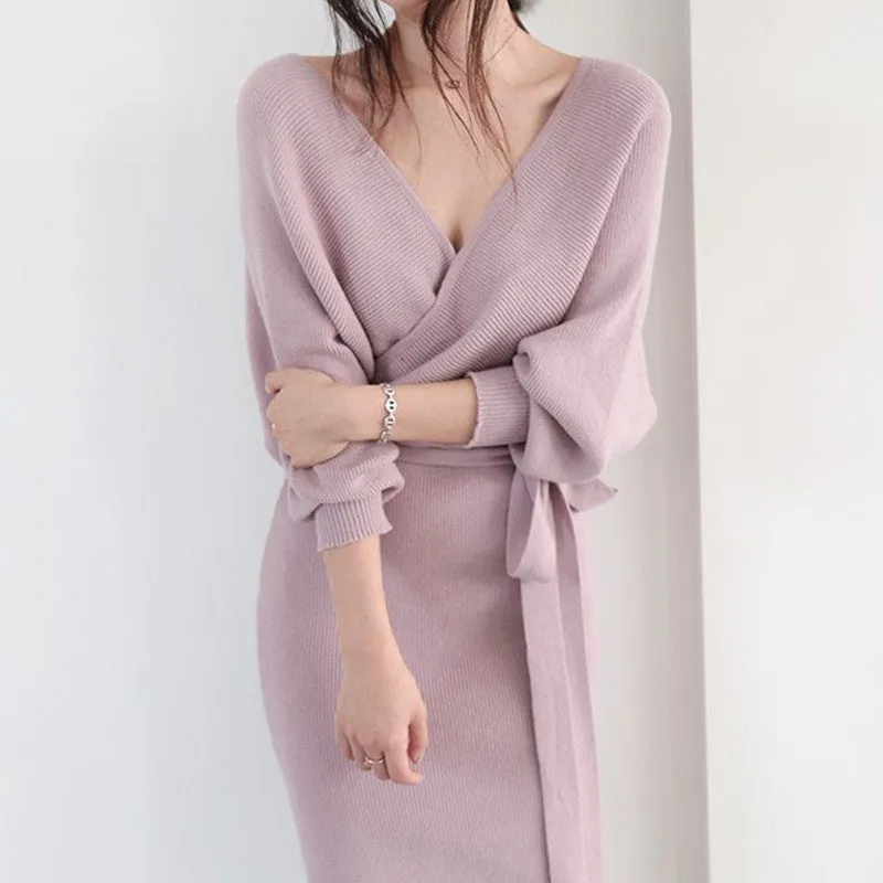 V-Neck Lace-Up Long-Sleeve Knitted Dress