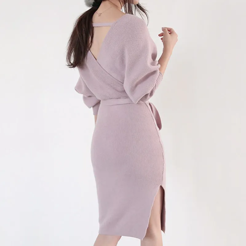 V-Neck Lace-Up Long-Sleeve Knitted Dress