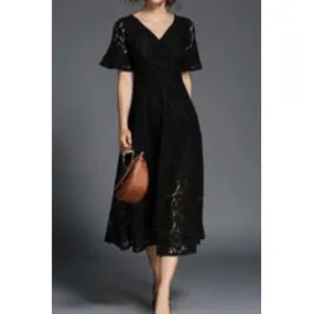 Women A-Line Short Sleeves V-Neck Lace Dress Black - UWD127