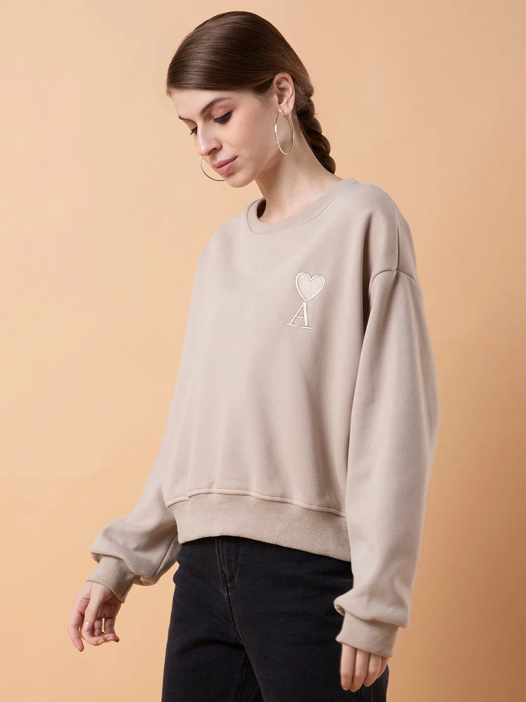 Women Solid Beige Drop Shoulder Pullover