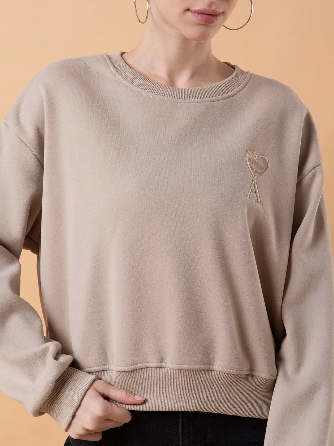 Women Solid Beige Drop Shoulder Pullover