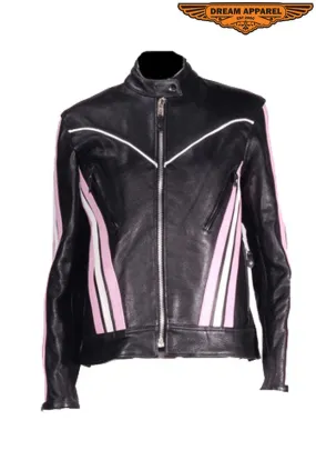 Women's Black & Pink Leather Racer Jacket