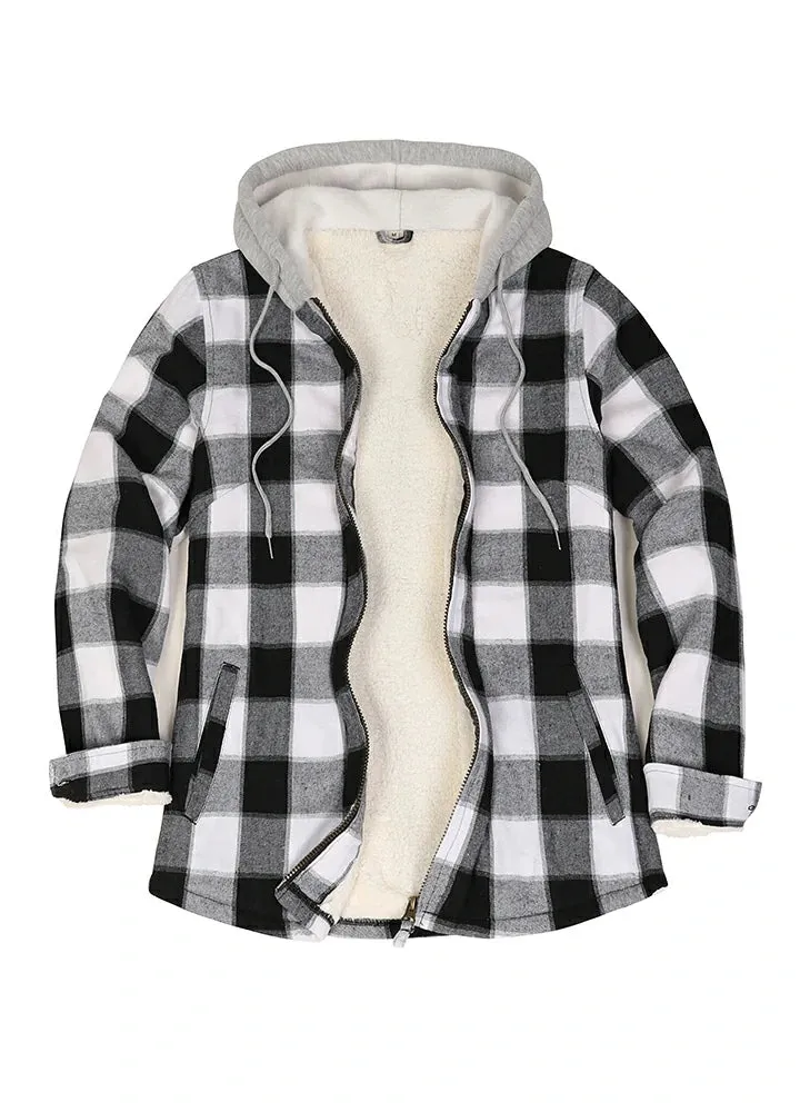 Women's Sherpa-Lined Full Zip Up Flannel Jacket with Fleece Hood