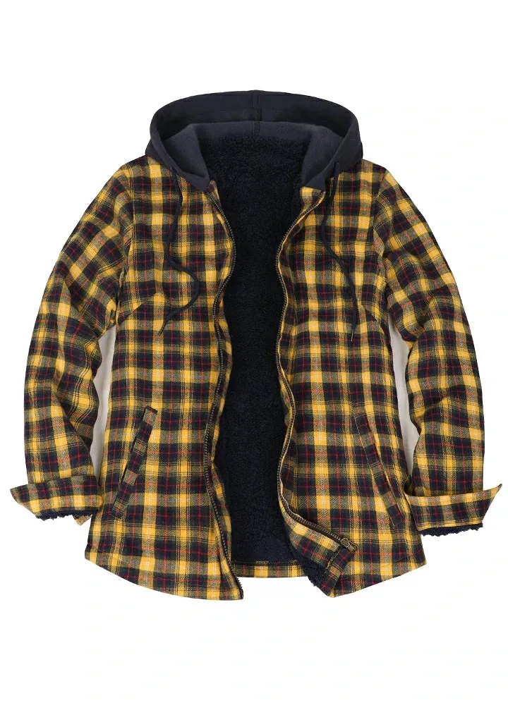 Women's Sherpa-Lined Full Zip Up Flannel Jacket with Fleece Hood