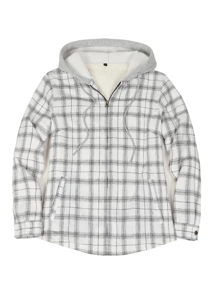 Women's Sherpa-Lined Full Zip Up Flannel Jacket with Fleece Hood