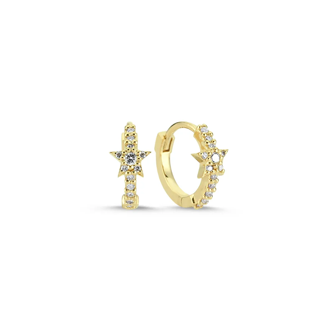 Yellow 14K Gold Stars Diamond Hoop Earrings